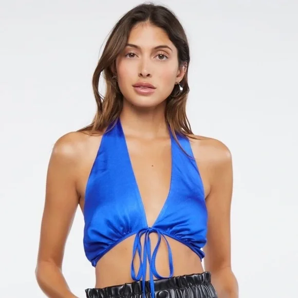 Forever 21 Tops Nwt Forever2 Satin Plunging Halter Blue Crop